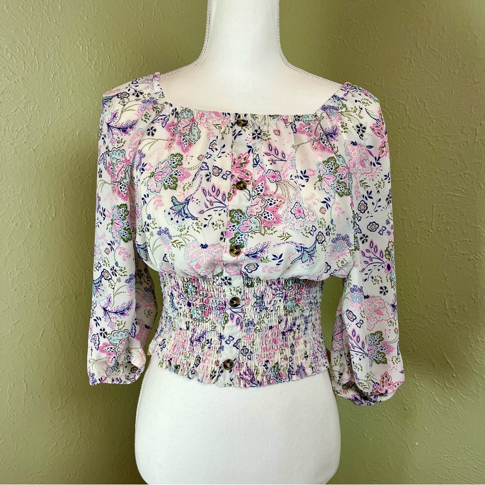 NO BOUNDARIES Paisley Blouse Ruched Waist Button Front Size Medium